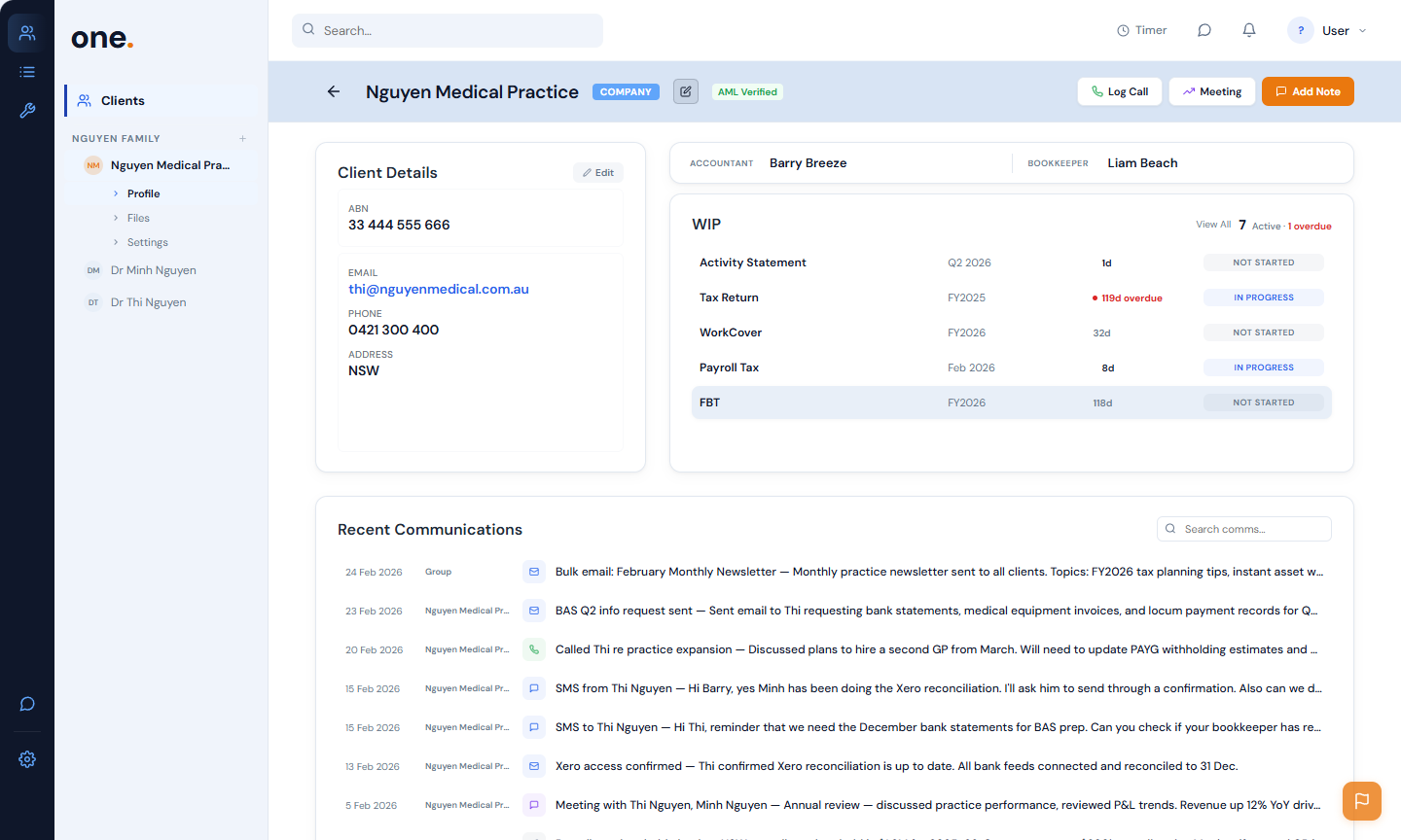 OneHQ communication timeline showing emails, calls, and notes across a client group
