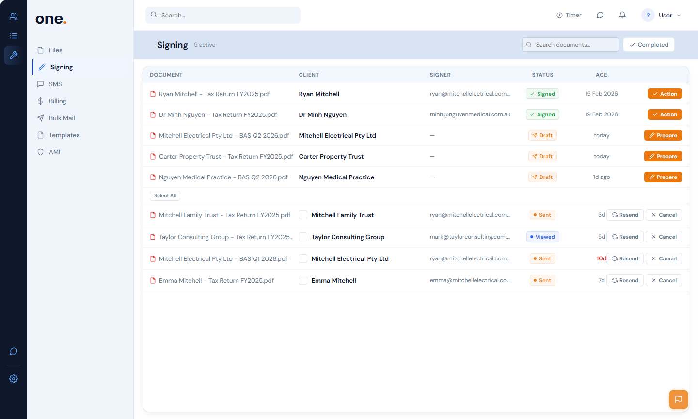 OneHQ showing files, signing queue, SMS, and billing all connected to the client record