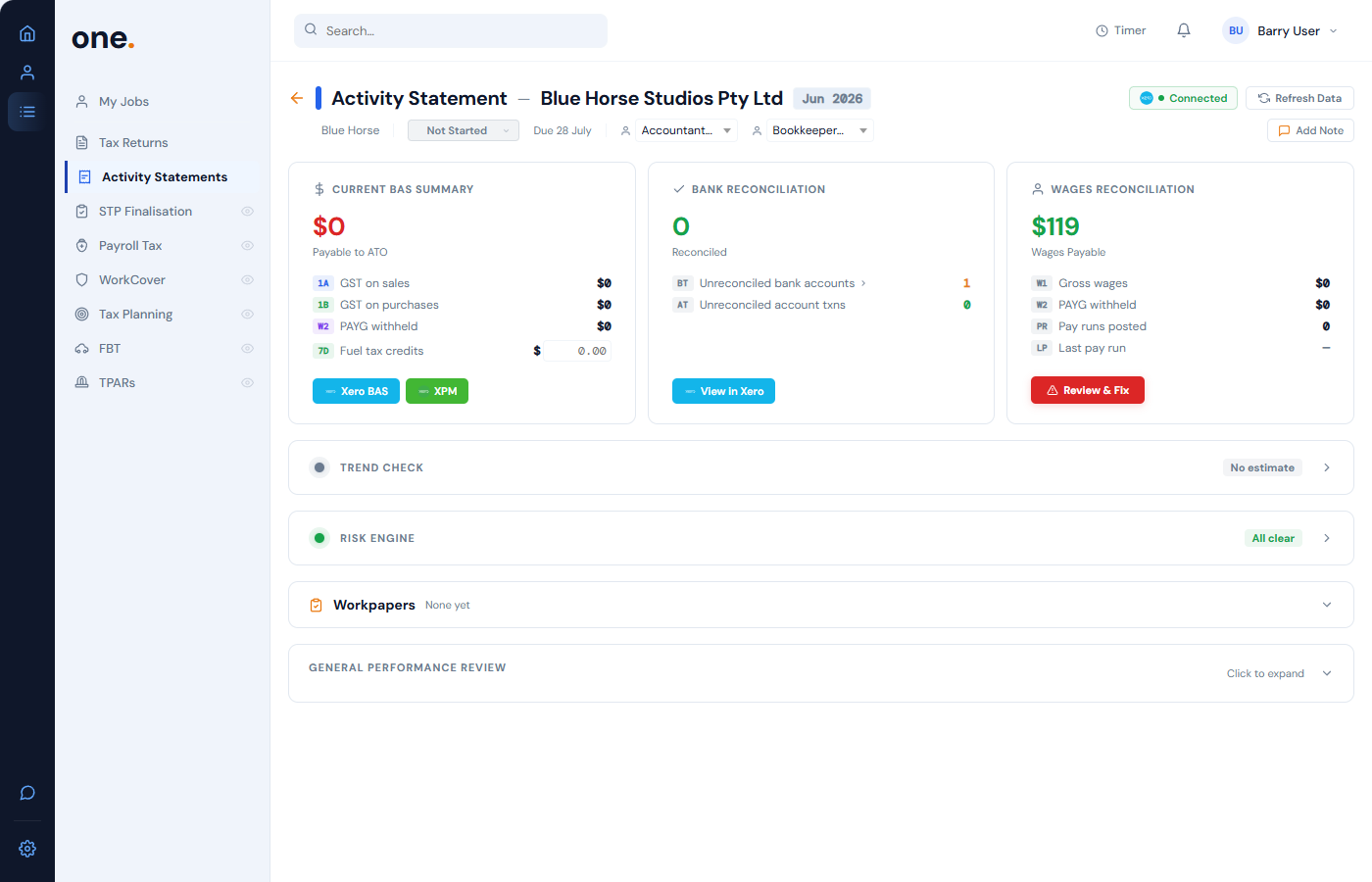 BAS job detail showing Xero readiness data