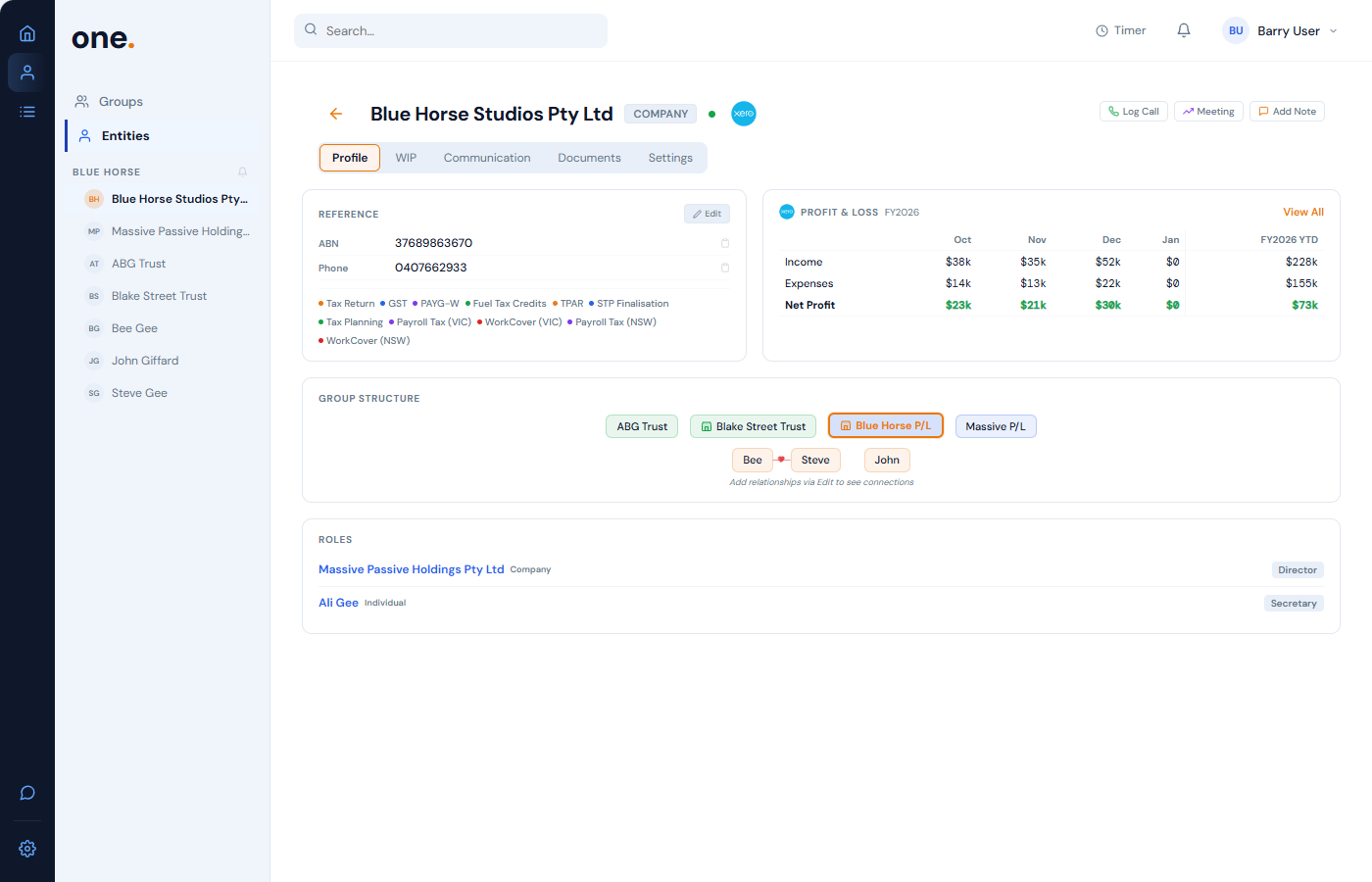 Entity detail showing Profit & Loss from Xero and Xero badge