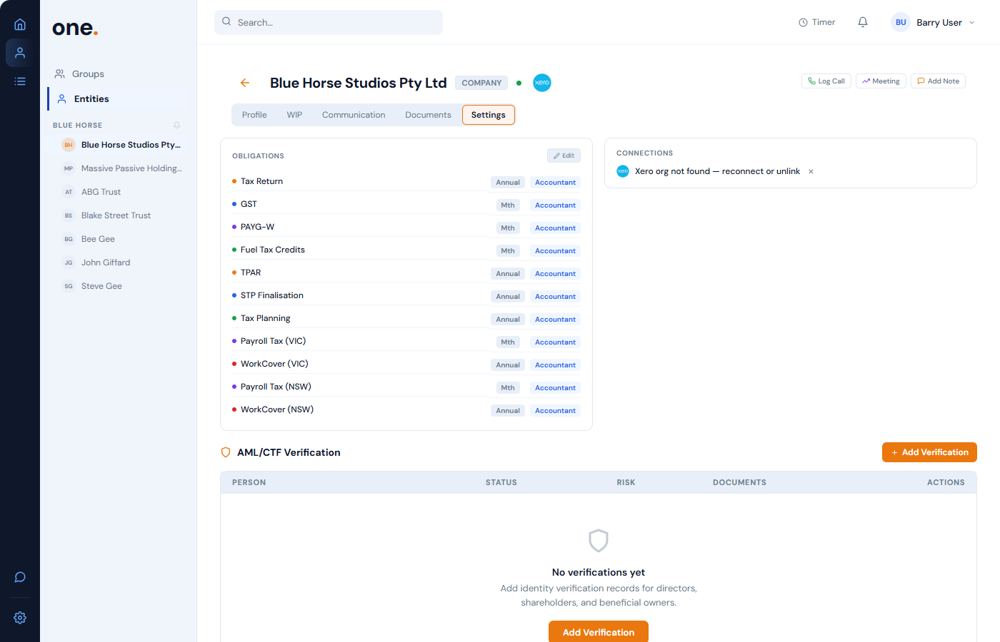 Entity settings showing Xero connection status
