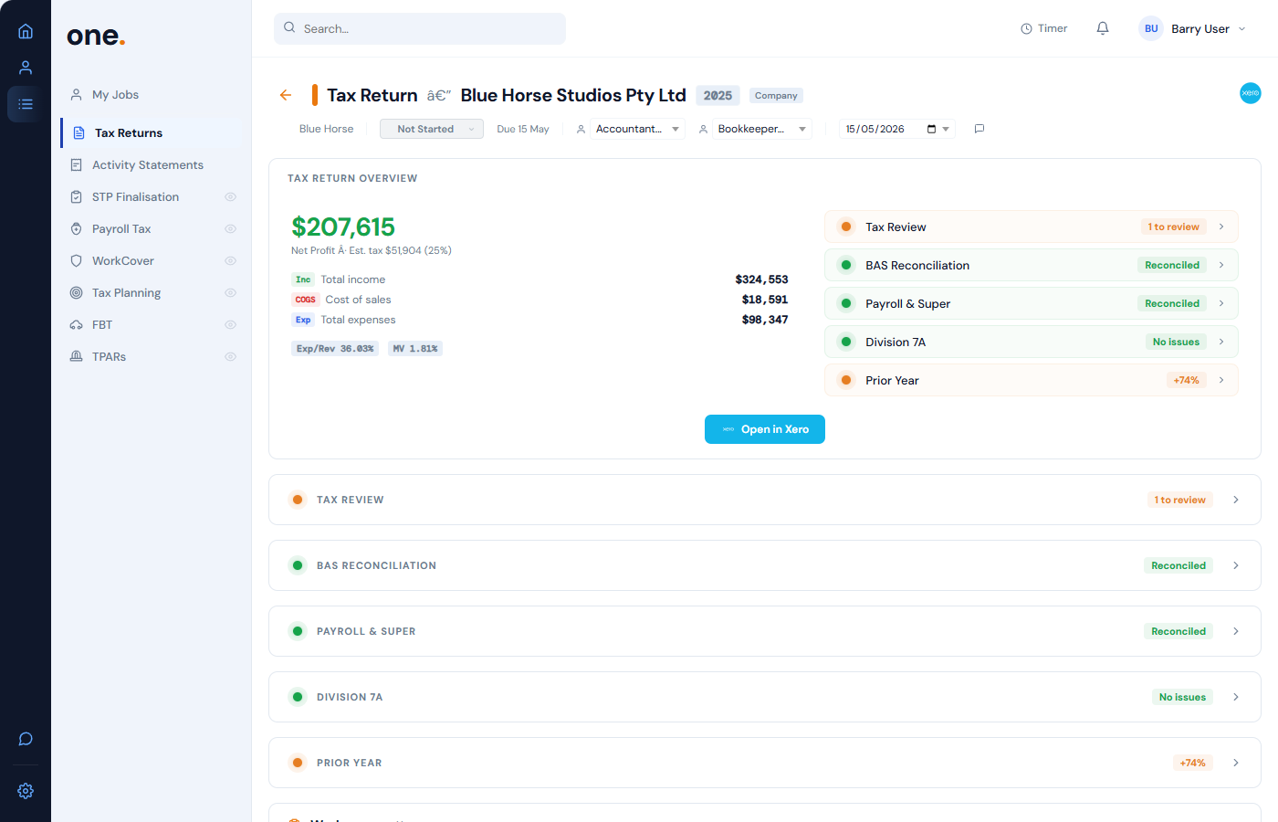 Tax Return job detail showing Xero readiness signals